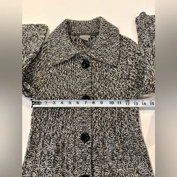 Ann Taylor Chunky Bell Sleeve Knit 98% Cotton Cardigan Black Gray White Stretchy - Picture 4 of 13